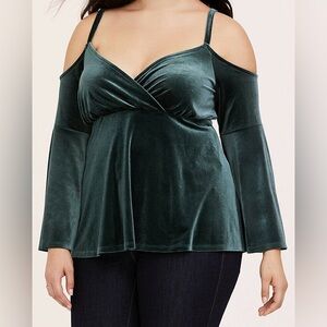 Torrid Velvet V Neck Cold Shoulder Green Plus Size Blouse NWT